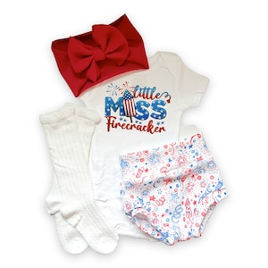 First 4th of July Baby Bummies Set, Little Miss Firecracker Baby Girl Bummies and Bow Outfit, 1st Independence Day Baby Outfit