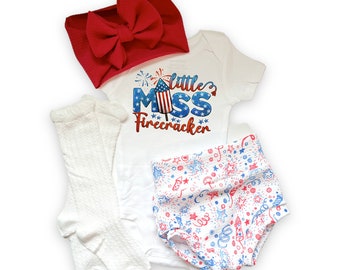 First 4th of July Baby Bummies Set, Little Miss Firecracker Baby Girl Bummies and Bow Outfit, 1st Independence Day Baby Outfit