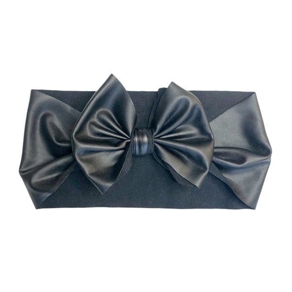 Faux Leather Baby Headwrap Bow, Toddler Bow, Black Baby Bow, Kid's Headwrap Bow