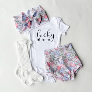 St. Patrick&#39;s Day Baby Bummies Set, Lucky Charms Baby Girl Bummies and Bow Outfit, First St. Patty&#39;s Day Baby Outfit