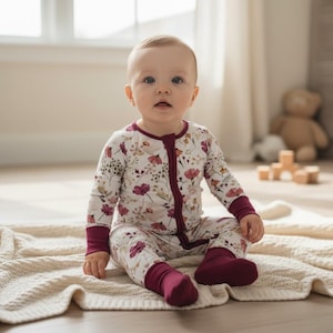 Purple Floral Bamboo Baby Romper: Zipper Sleeper Newborn Outfit