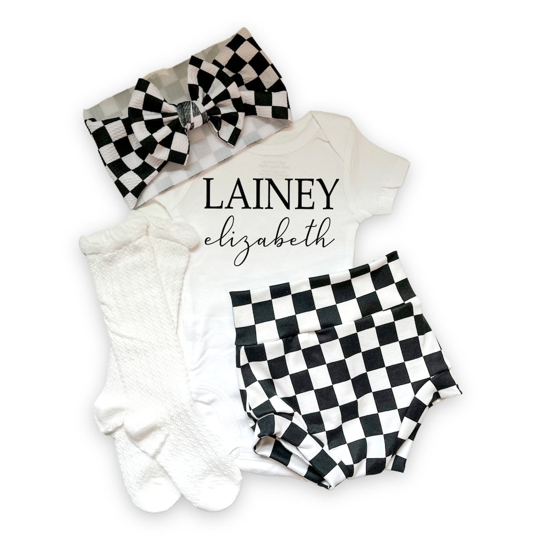 Baby Girl Black and White Checkered Coming Home Outfit, Personalized