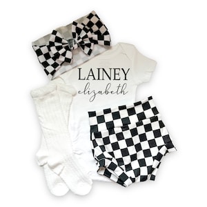 Baby Girl Black and White Checkered Coming Home Outfit, Personalized Baby Bummies Bodysuit and Bow Set