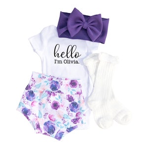 Personalized Baby Girl Coming Home Outfit, Purple Floral Bummies Set, Hello Baby Name Bummies and Bow Outfit, Newborn Baby Bloomers