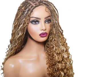 Boho braids, Blonde Braids Wig, Spring Twists Braided Lace Closure Wig, Lace Front Braided Wig, Box Braid Wig ,Lace Closure Braided Wigs