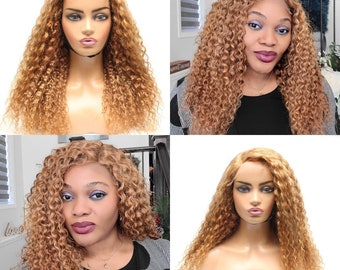 Human Hair Blonde Curly Lace Front Wig - Lace Closure Wig - Virgin Human Hair Wig- Handmade Wig - Blonde Glueless Wig - WIgs in Canada
