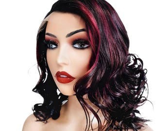 Vinröda Ombre Balayage Peruker - Spetsförslutningsperuk - Vågig spetsperuk - Virgin Real Hair Peruk - Handgjord peruk - Limfri peruk - Specialtillverkade peruker
