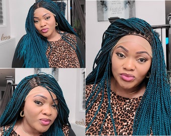 Knotless braids, Box braids wig, Braided wig, Lace front wig, Teal color hair, Black women wigs, Synthetic wig, Glueless braided wig