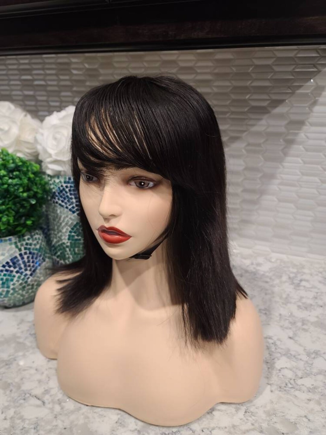 Wig With Bangs Lace Front Wig Human Hair Lace Closure Wig Etsy