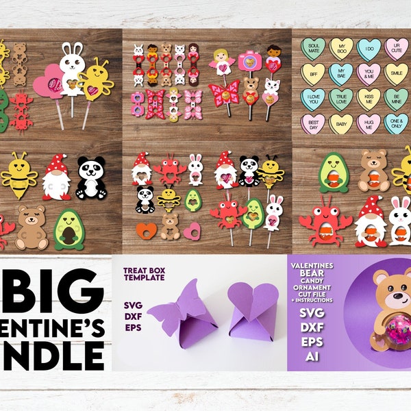 Valentines Candy Holder Bundle SVG, Cute Valentines Lollipop Holders, Layered Sucker Holder Cut Files, DIY Kids Classmate Treat Box Template