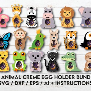 Paquete de porta huevos de chocolate con forma de animal, archivo recortado de porta huevos, porta caramelos de animales del zoológico en formato DXF, SVG, EPS, plantillas de porta huevos de chocolate para niños