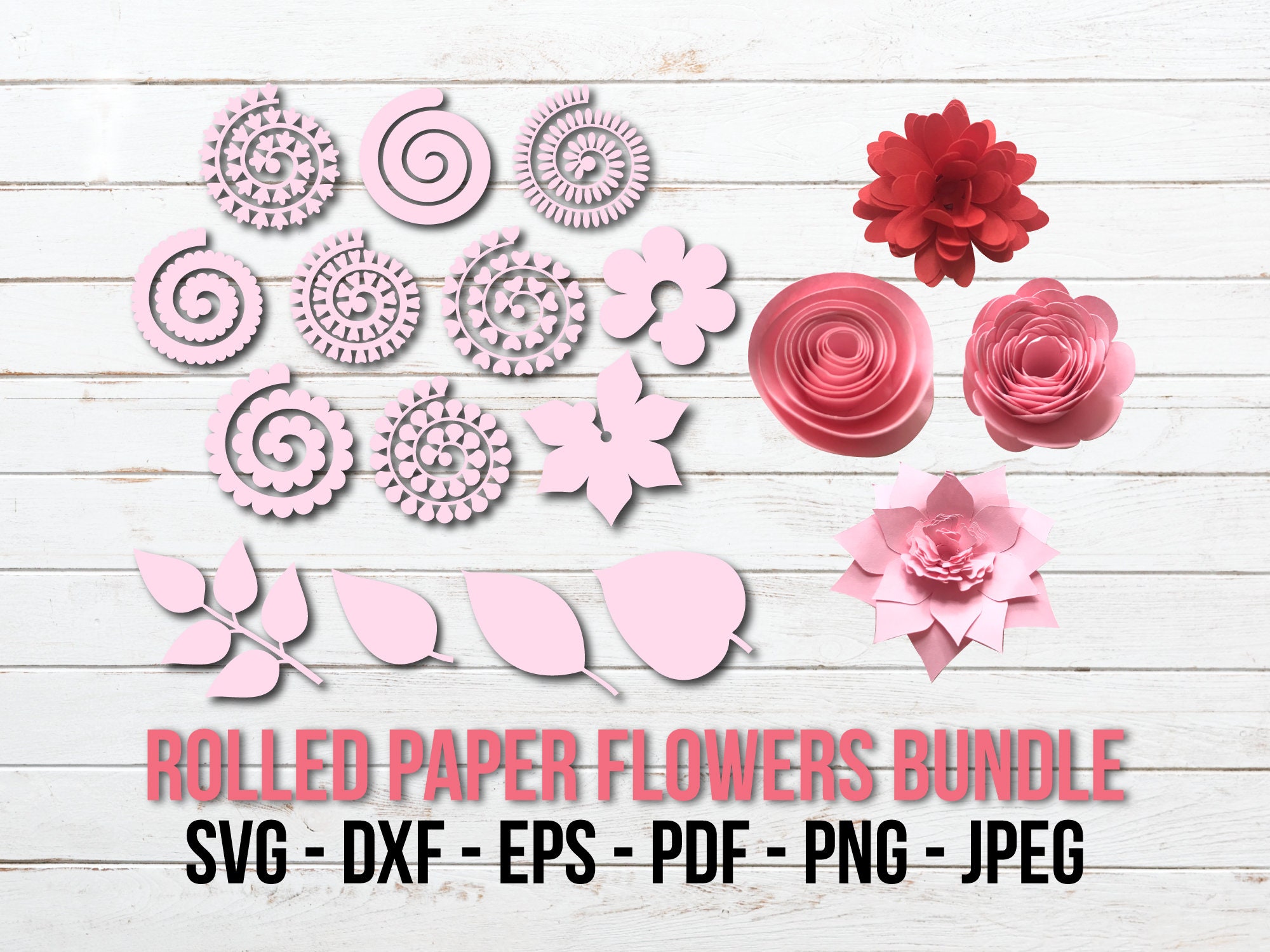 Rolled Paper Flowers Svg Bundle, Paper Rose Cut File, 3D Flowers Template,  Papercut Flowers Svg, Dxf, Cricut Silhouette, Wedding Flowers DIY