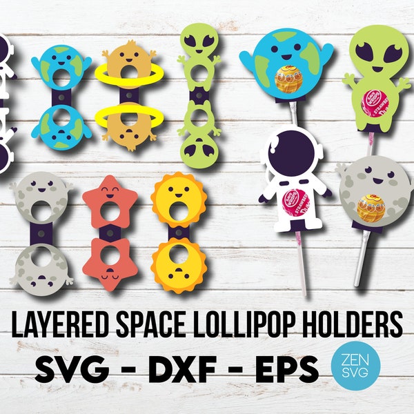 Space Lollipop Holder SVG, Layered Lollipop Holder Cut File, Space Themed Birthday DIY Candy Holder, Cute Astronaut, Alien, Kids Treats Svg