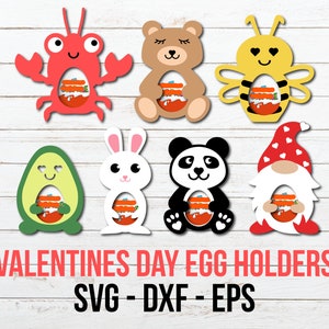 Valentines Candy Holders Cut Files, Valentines Chocolate Egg Holders SVG, Lobster, Panda, Bee, Gnome, Bear, Bunny Paper Cut Candy