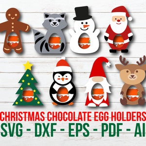 Christmas Candy Holders Cut Files, Christmas Chocolate Egg Holders SVG, Reindeer, Santa, Snowman, Gnome, Tree, Gingerbread Paper Cut Candy