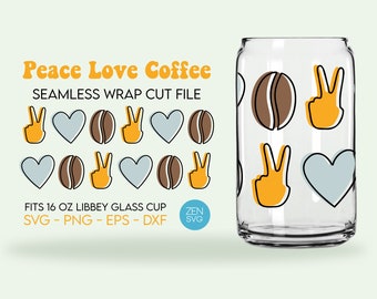 Peace Love Coffee Wrap For Libbey Can Glass SVG, Retro Coffee Wrap Libbey Glass Can 16 Oz, Libbey Glass Seamless Wrap, Groovy Peace Love