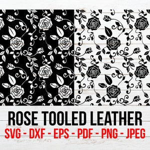 シームレスなローズ パターン SVG、ツールド レザー ローズ パターン SVG カット ファイル、Dxf、Png、Jpg、ツールド レザー ローズ パターン、スクロール レザー ウエスタン ローズ