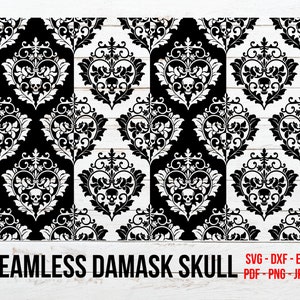 Seamless Damask Skull Floral Pattern Svg, Damask Cut File, Svg, Dxf, Png, Jpg, Baroque Skull Ornament, Western Floral Accent Wall Decor Svg