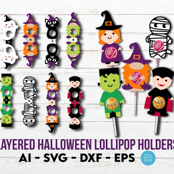 Halloween Lollipop Holder SVG, Layered Lollipop Holder Cut File, Halloween Trick or Treat DIY Candy Holder, Cute Spooky Decor Kids Treats