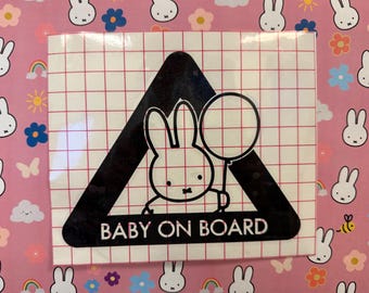 Miffy Baby On Board Car Decal - Waterproof, Weatherproof, Kawaii Bunny, Cute Vinyl Sticker Sign for New Parents