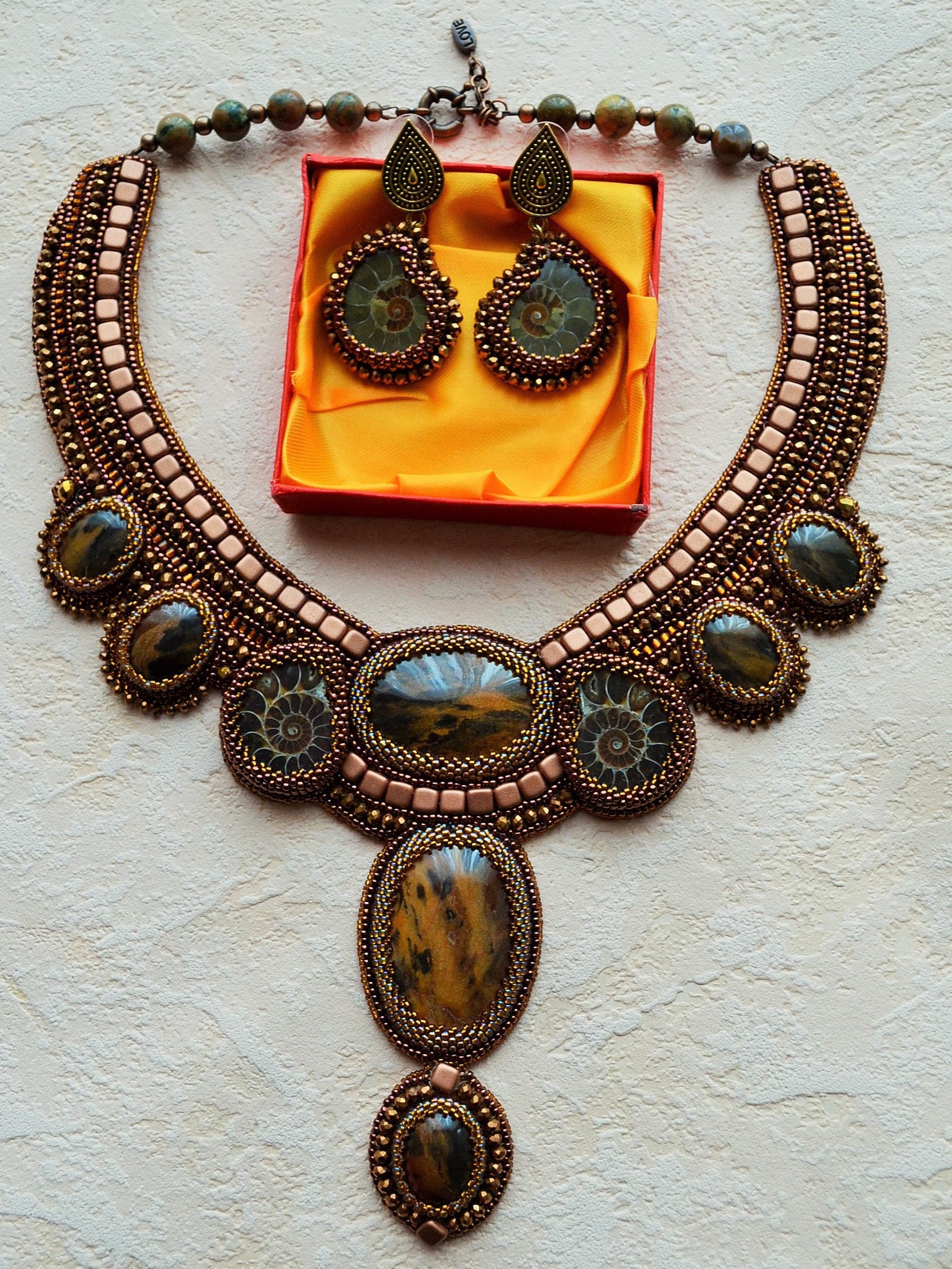 Handmade Wildhorse Jasper Glass /& Bronze Oxide Beaded Necklace
