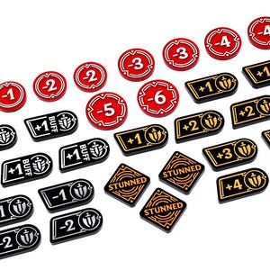 May include: A collection of game tokens in red, black, and gold. The tokens include numbered counters, buff indicators, and "STUNNED" markers. The game pieces are designed for tabletop gaming.