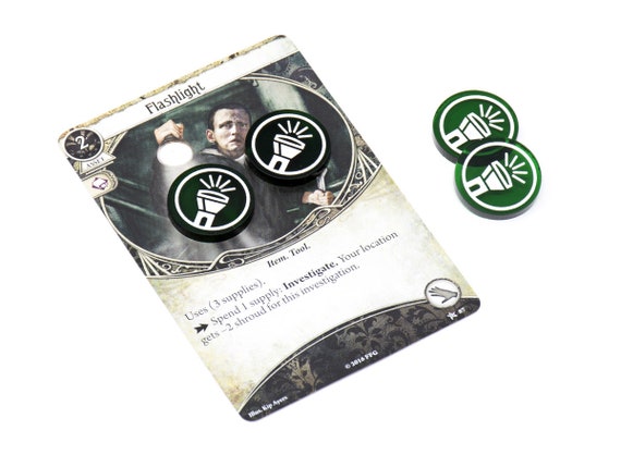 flashlight arkham horror card game Charge Secret Stun Ammo First Aid Strange Solution tokens Enchanted Blade for LCG (metal, double-sided) This item is a fan 2 X Flashlight Tokens (double