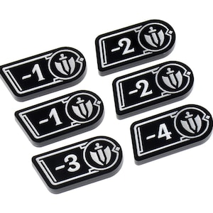 May include: Six black game tokens with white text and a shield emblem. The tokens display numbers -1, -2, -3, and -4. The tokens are rectangular with rounded corners and a white border.