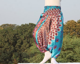 Broad inseam Unisex Elastic Waist Trendy Silk harem pants on peacock feather print /  Very soft & light weight trousers