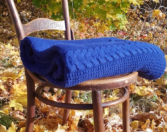 Knitted blanket / Blue wool blanket /  Wool knit blanket.