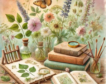 May include: A watercolour illustration depicting a botanical study. It features a butterfly, flowers, books, magnifying glasses, and glass bottles with corks. A wooden clipboard displays a leaf drawing. Paintbrushes in a glass jar complete the scene.