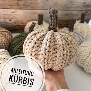 May include: A collection of handmade, knitted pumpkins in various neutral colors, including beige, cream, and green. Each pumpkin has a textured surface and a brown stem. The image includes the text "ANLEITUNG KÜRBIS" in a white circle.