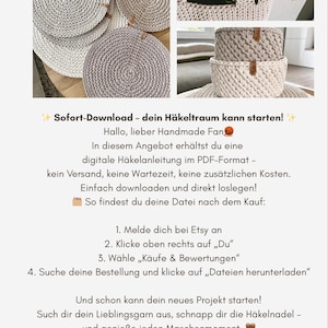 Peut inclure: Plusieurs articles crochet&eacute;s faits &agrave; la main, dont des dessous de verre ronds, des paniers et un sac fourre-tout, dans des tons neutres. L'image contient &eacute;galement du texte en allemand, faisant la promotion d'un t&eacute;l&eacute;chargement de patron de crochet num&eacute;rique.