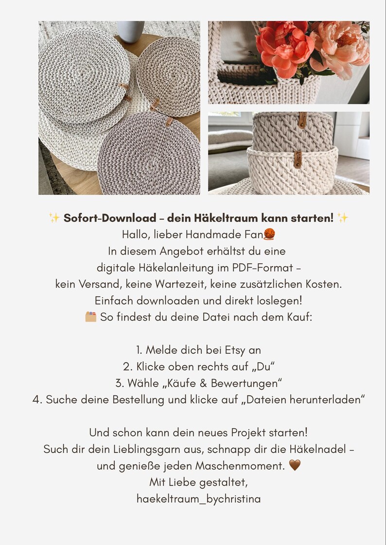 Peut inclure: Plusieurs articles crochet&eacute;s faits &agrave; la main, dont des dessous de verre ronds, des paniers et un sac fourre-tout, dans des tons neutres. L'image contient &eacute;galement du texte en allemand, faisant la promotion d'un t&eacute;l&eacute;chargement de patron de crochet num&eacute;rique.
