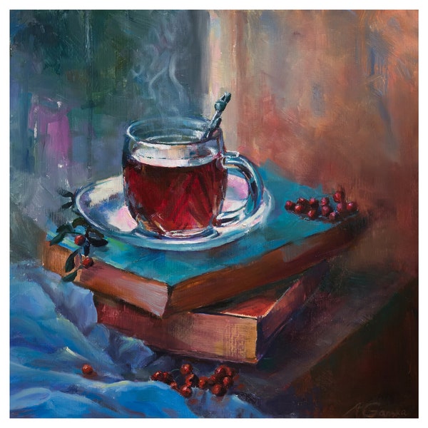 Hibiscus thé peinture Cosy peinture tasse peinture tasse de thé peinture à l’huile temps de thé art original 12 x 12 en Stil vie cuisine peinture