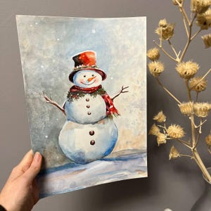 Boneco de neve Pintura aquarela original Cartão de Natal pintado à mão Ilustração aquarela original 8 x 12 polegadas Cartão de boneco de neve