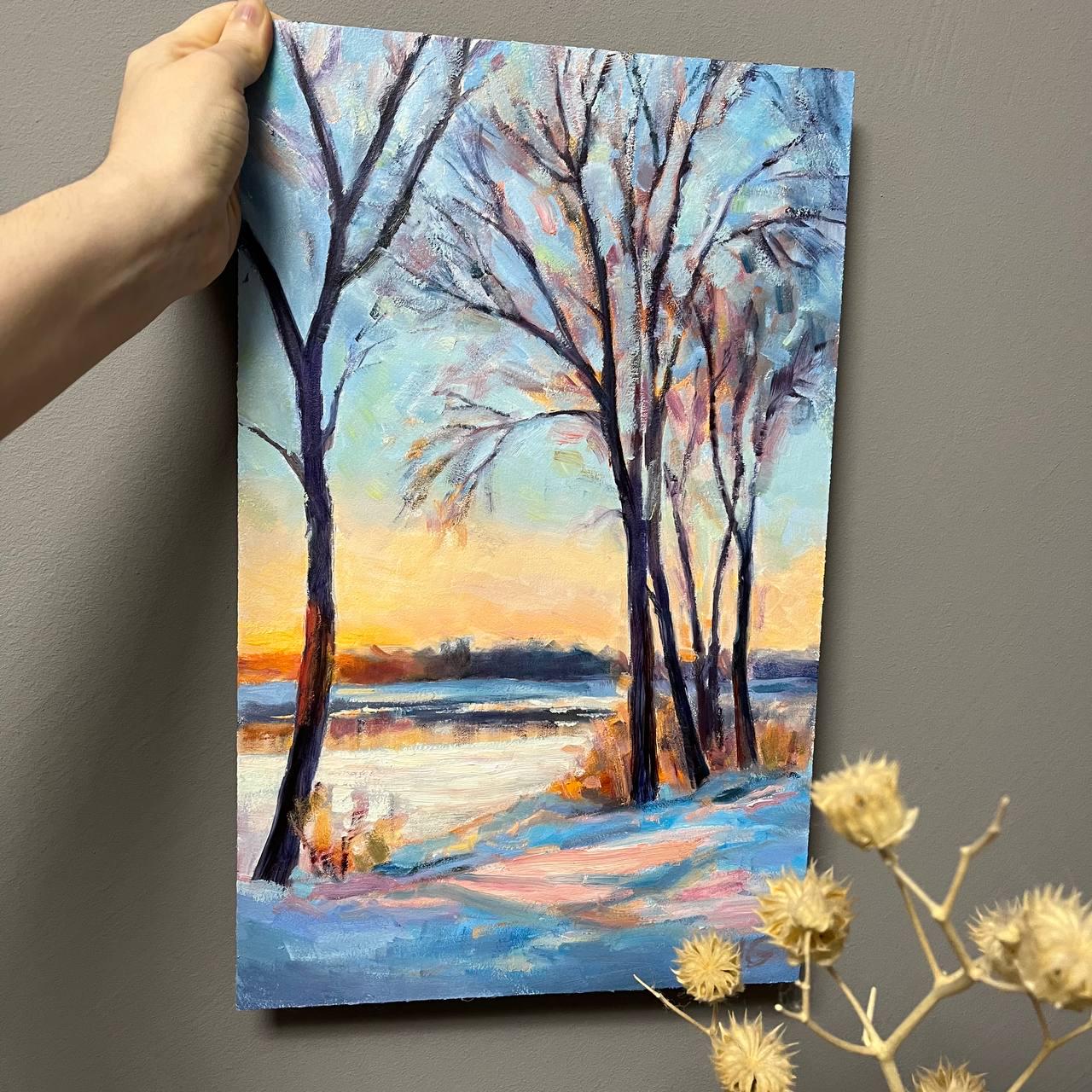 冬の風景画 オリジナル油絵 凍った川の絵画 冬の森 オリジナルアート