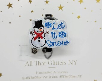 Let it snow with snowman iridescent retractable badge reel, medical id badge reel, nurse badge reel, teacher badge reel, holidays Christmas