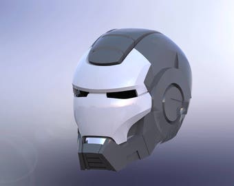 May include: A black and white helmet with a futuristic design. The helmet has a visor and a large, round, black eye piece.