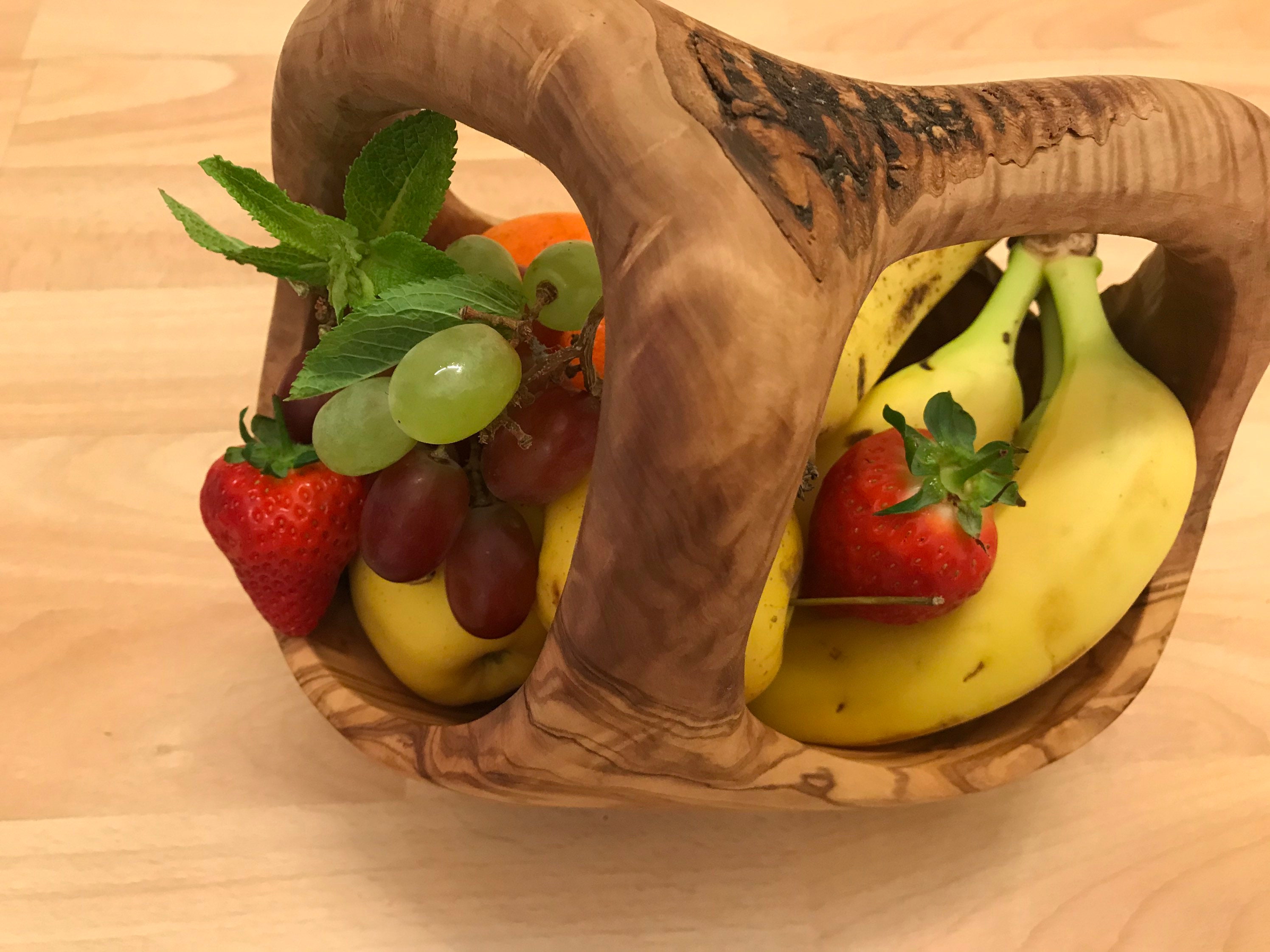 Rustic Medium Olive Wood Fruit Basket With Handle HANDMADE Etsy