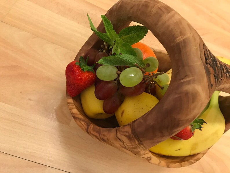 Rustic Medium Olive Wood Fruit Basket With Handle HANDMADE Etsy