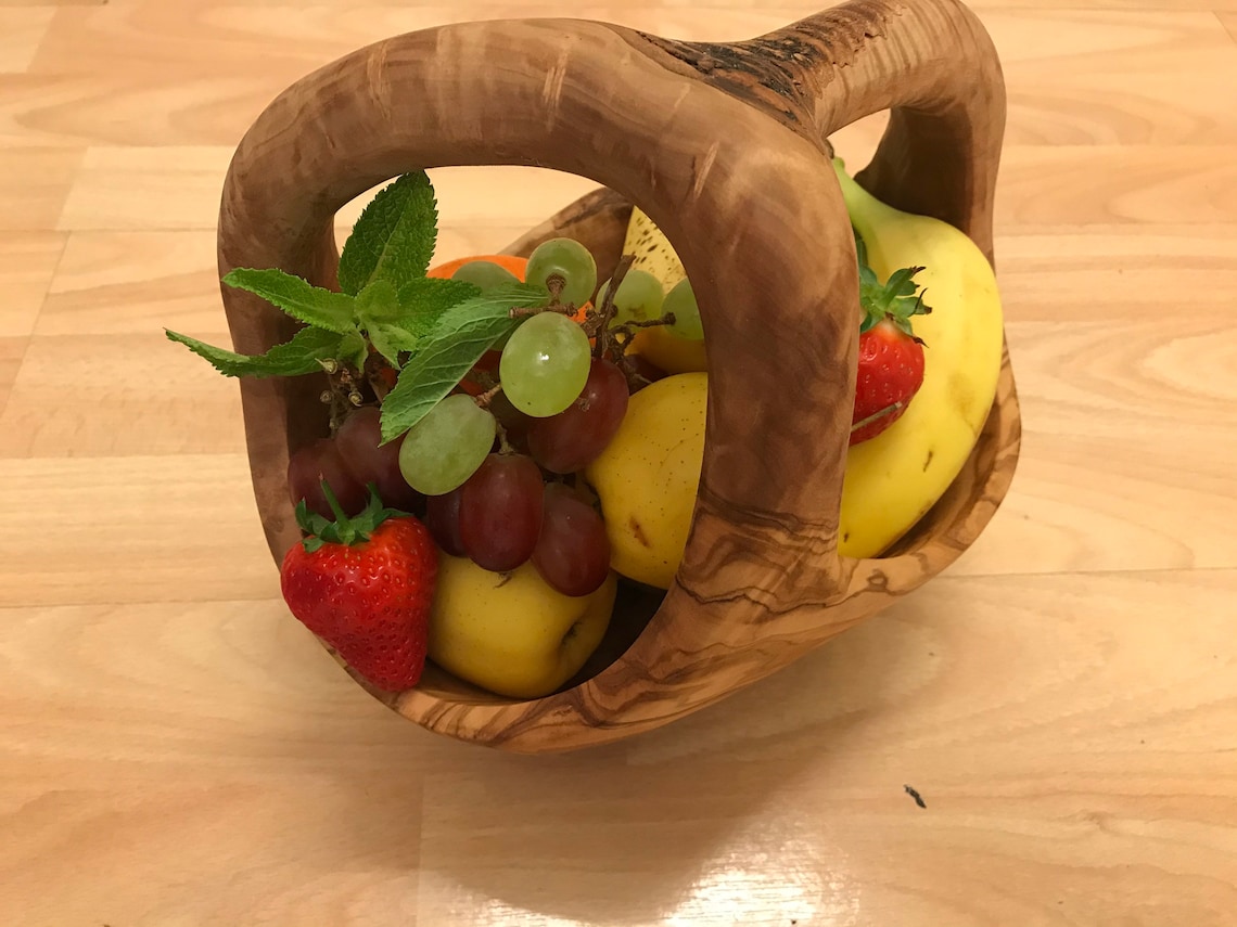 Rustic Medium Olive Wood Fruit Basket With Handle HANDMADE Etsy