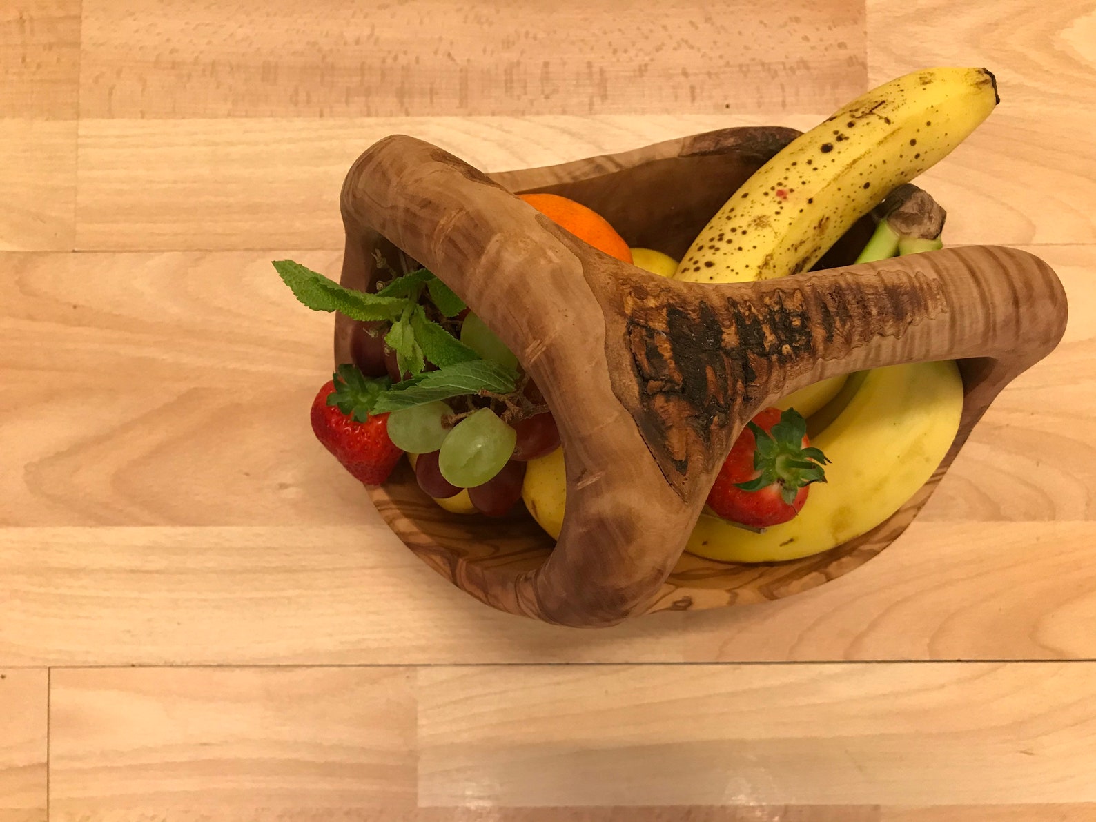 Rustic Medium Olive Wood Fruit Basket With Handle HANDMADE Etsy