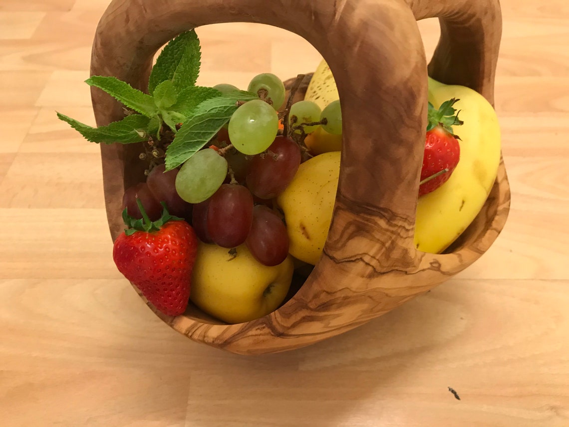 Rustic Medium Olive Wood Fruit Basket With Handle HANDMADE Etsy