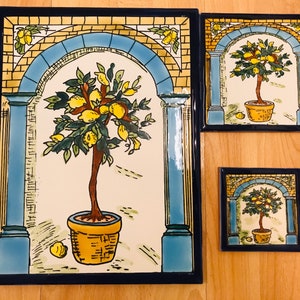 Backsplash set of 3 lovely ceramic tiles hand painted hanging tiles Mediterranean, Tunisian lemon tree