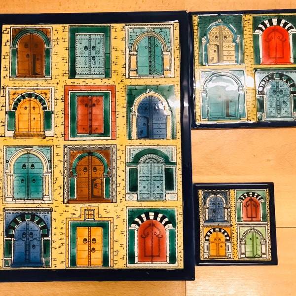 Backsplash set of 3 lovely ceramic tiles hand painted hanging tiles Mediterranean, Tunisian traditional doors