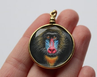 Pendentif miniature de babouin de singe peint portrait multiforme antique victorien
