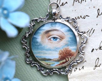 Lover's eye landscape silver pendant mourning jewelry hand painted miniature victorian