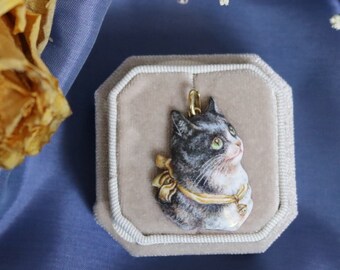 Hand painted cat enamelled pendant hot enamel kitten portrait victorian style