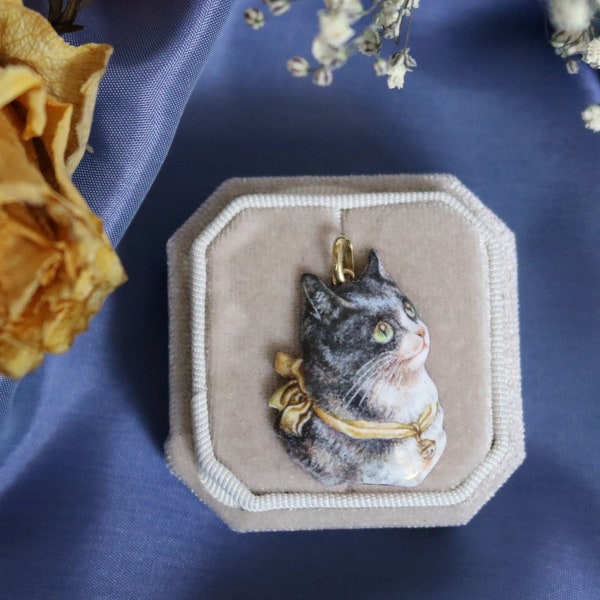 Hand painted cat enamelled pendant hot enamel kitten portrait victorian style